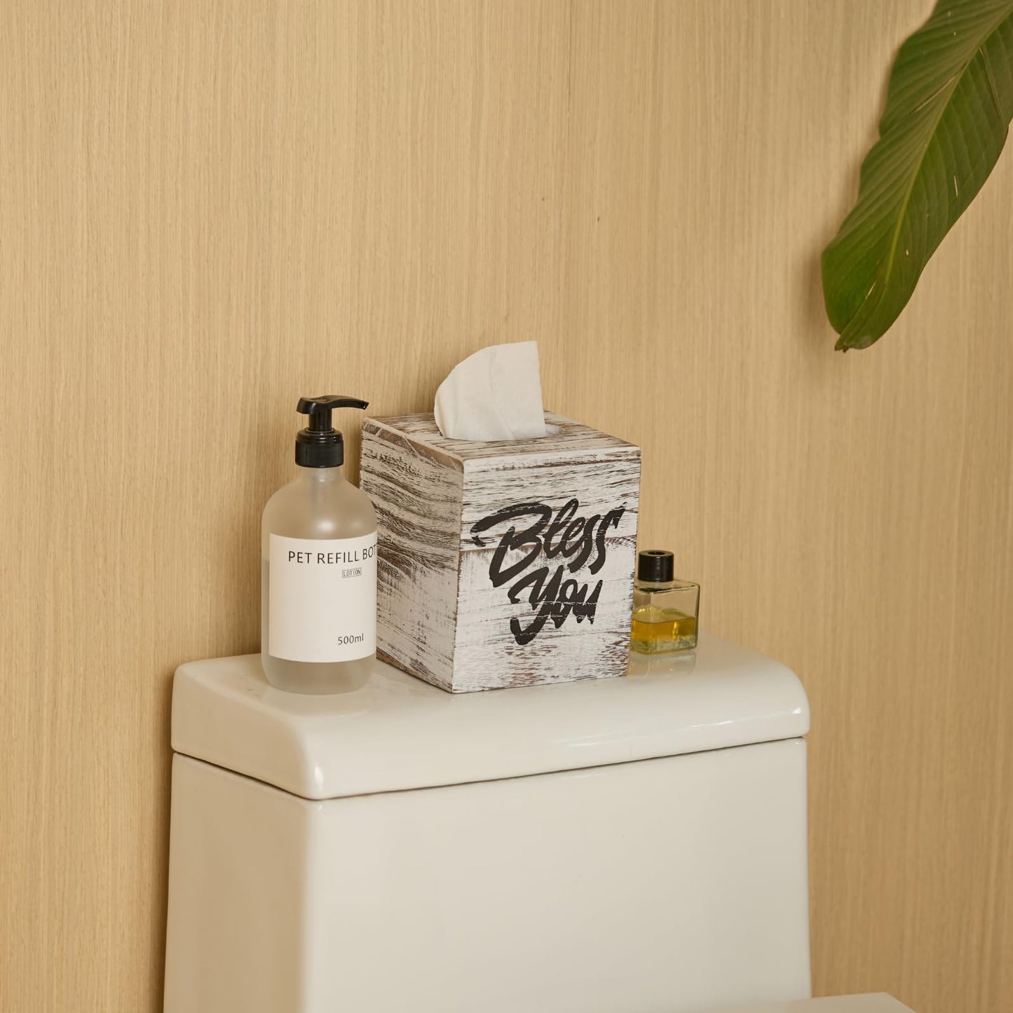 Wood Tissue Box Cover, Square Bless You Tissue Holder, Decorative Tissue Dispenser for Bathroom, Living Room, Dining Table, 5.3" L x 5.3" W x 6.1" H