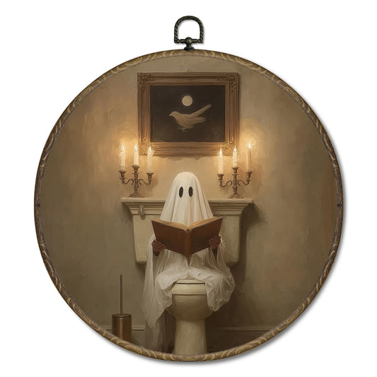 OINDADE Halloween Ghost Bathroom Round Wall Art Decor, Vintage Ghost Bookish Wall Art Hanging Decor, Fall Halloween WallArt, Rustic Autumn Book Lover Framed Canvas Artwork for Toilet Washroom,10x10in