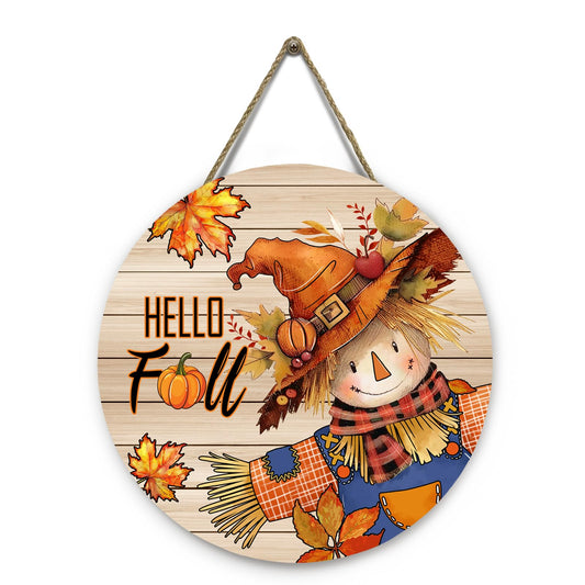 Dacawin Hello Fall Autumn Scarecrow Door Sign for Porch Pumpkins Maple Leaf Wood Hangers Farmhouse Door Sign for Front Door Decor Seasonal Home Decorations Autumn Wall Hanger Sign