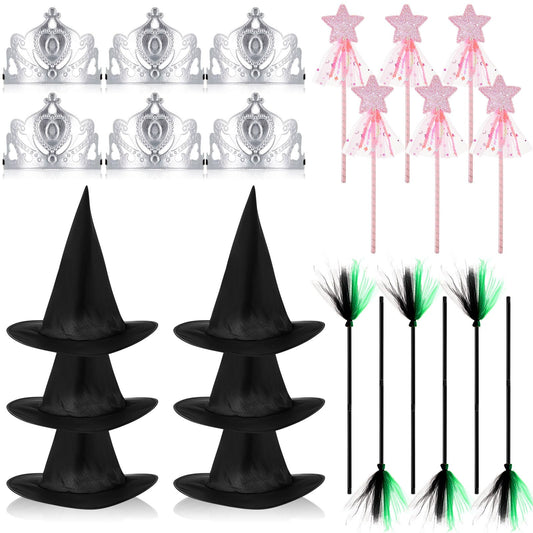 Shyyween 24 Pcs Witch Hats and Princess Crowns with Brooms and Glitter Star Wands Black Wizard Hats Decoration Costumes for Adults Princess Witch Party Supplies Gifts Birthday Dress up Cosplay