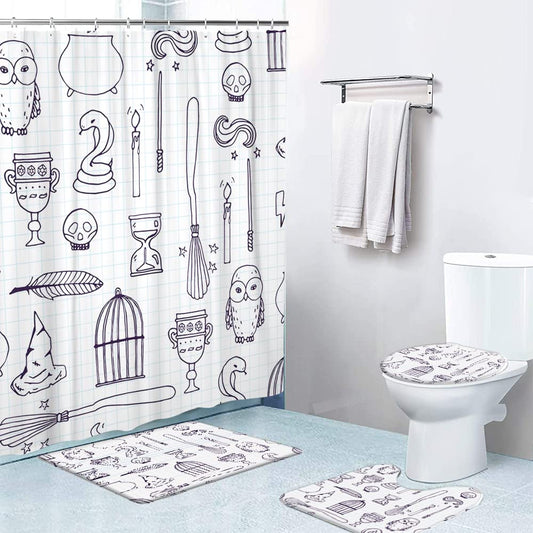 LOKMU 4 Pcs Shower Curtain Sets with Non-Slip Rugs, Toilet Lid Cover and Bath Mat,Witch Birdcage Magic Books Owl Wand Broom Waterproof Shower Curtain with 12 Hooks, Bathroom Decor Sets, 72" x 72"