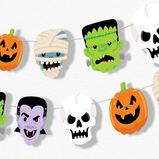 Big Dot of Happiness Halloween Monsters Garland Banner, Spooky Halloween Party Decorations Backdrop, 30 Feet of Cord, 15 Paper Skeleton, Dracula, Frankenstein, Mummy, and Jack-O'-Lantern Shapes