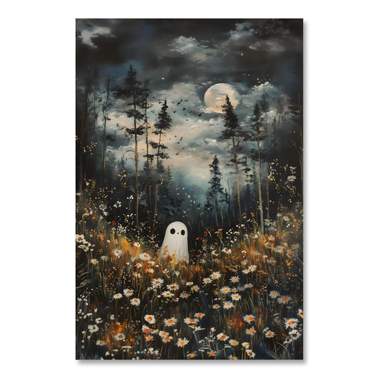 KBBYT Dark Academia Wall Art Ghost In Magical Forest Poster Spooky Halloween Wall Decor Ethereal Ghost Fall Floral Gothic Canvas Print for Witchcore Aesthetic Haunted Room Bedroom 16X24inch Unframed
