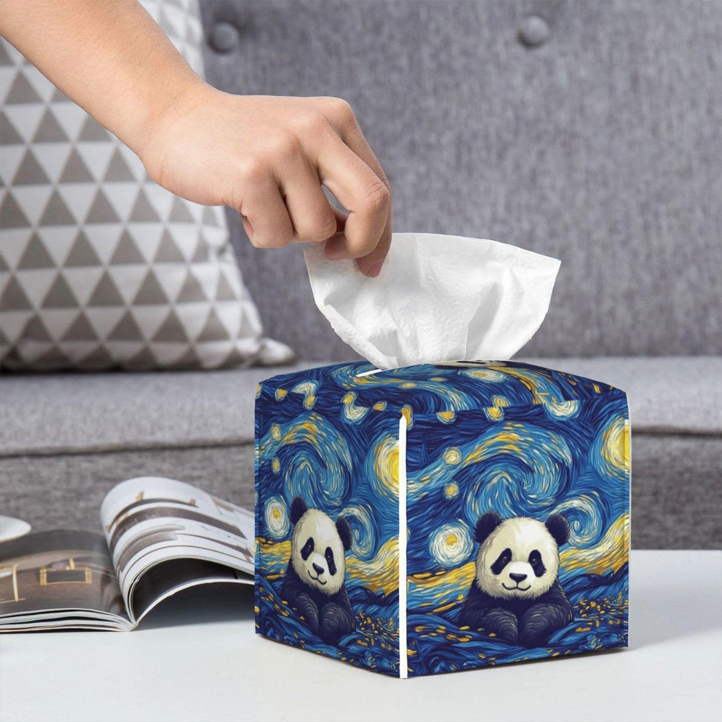 Panda Swirling Stars Tissue Box Cover Square, Waterproof Leather Tissue Box Holder Portable Dispenser Modern Home Decoration for Bathroom Car Nightstand Vanity
