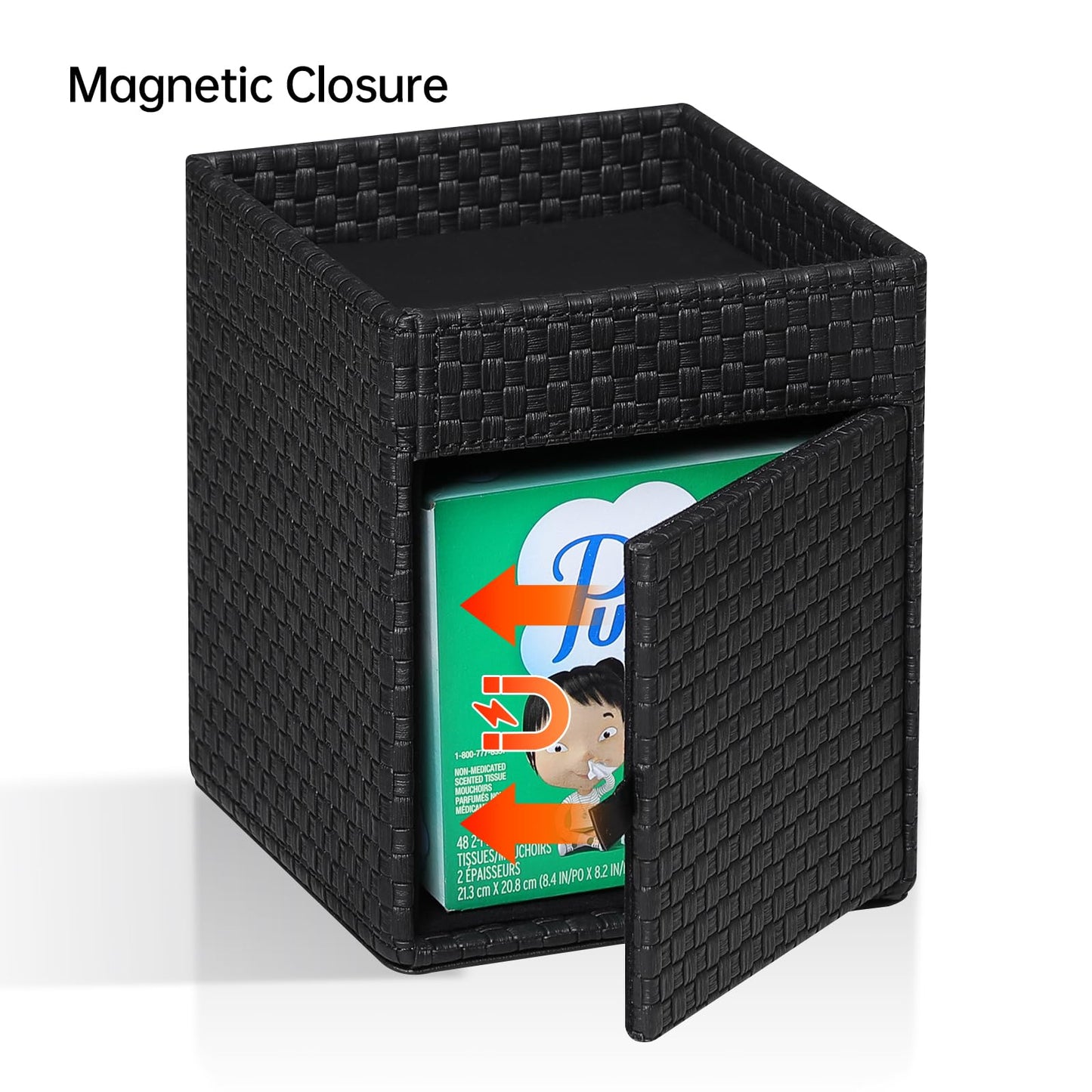 Square Tissue Box Cover, Stylish Leather Tissue Box Holder with Storage Tray, Decorative Tissue Rack Storage Box for Living Room, Bedroom, and Office Desk(Black Woven Pattern)
