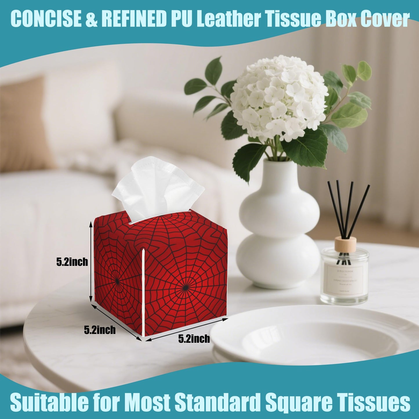 Spider Web Tissue Box Holder,Square Leather Tissue Box Cover with Bottom Belt,Waterproof Modern Napkin Holder Organizer for Car Bathroom Nightstand Vanity Office Tabletop,5.2" x 5.2" x 5.2"