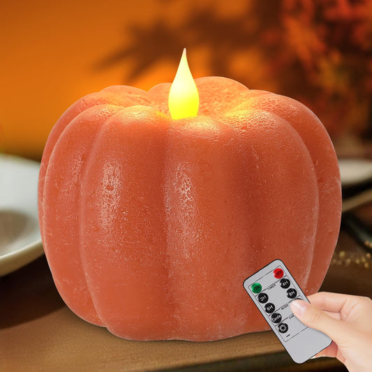 Fall Decor Pumpkin Flameless Candles - Battery Powered LED Pumpkin Flickering Candle with Timer Remote Control, Thanksgiving Gifts, Autumn Farmhouse Rustic Harvest Decor for Indoor (Orange)