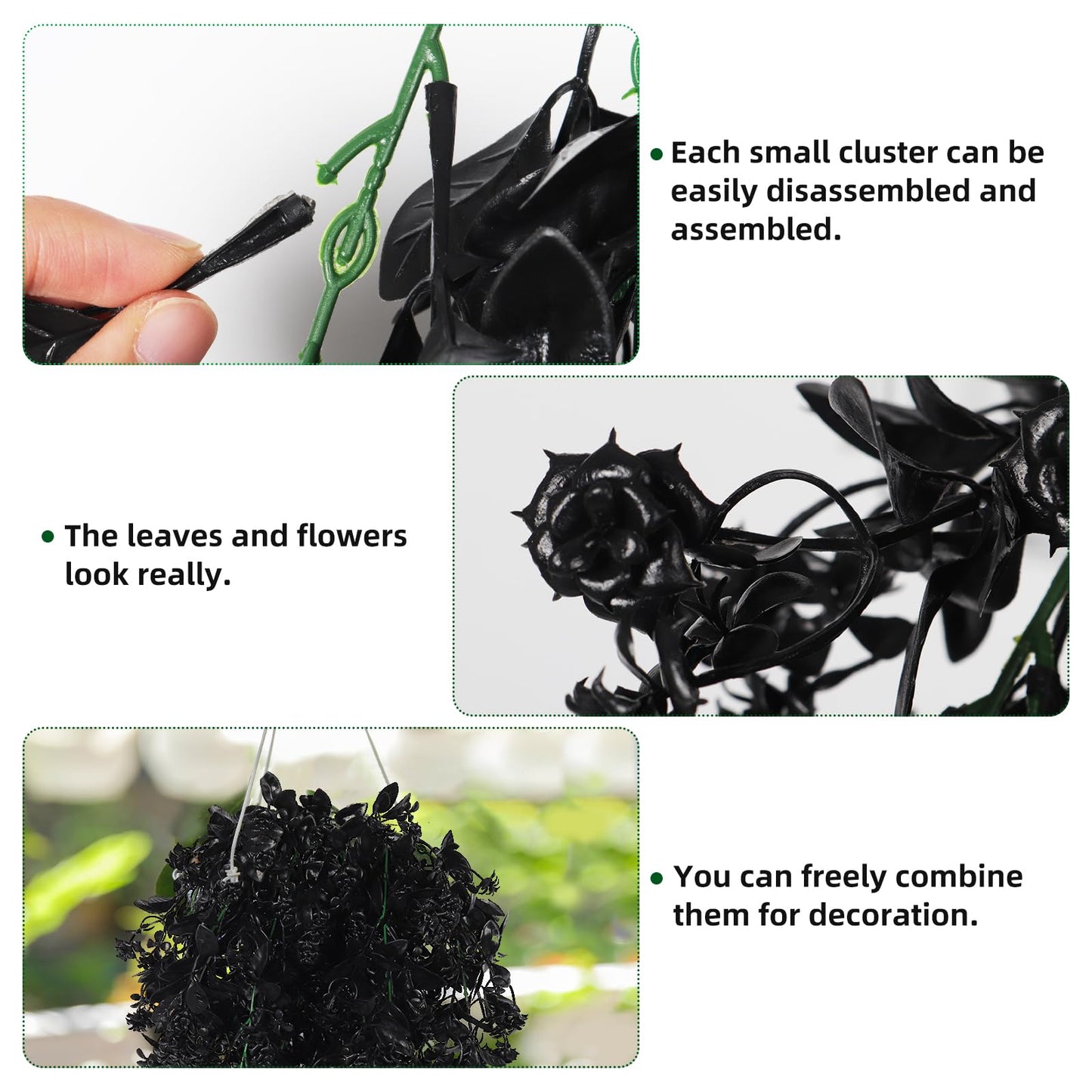 RECUTMS 2Pcs Artificial Black Hanging Flowers for Outdoors Decoration Fake Hanging Plants UV Resistant Plastic Greenery Vines Ivy for Halloween Gothic Home Porch Wall Garden Party Decor（Black）