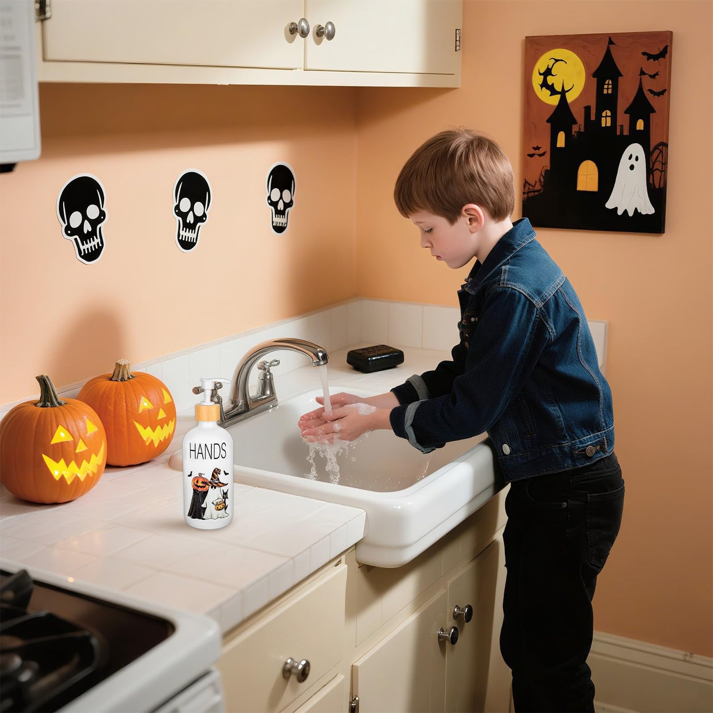 Whaline 2 Pcs Halloween Soap Dispenser Spooky Pumpkin Face Ghost Glass Soap Dispenser with Pump Refillable Liquid Container for Trick or Treat Party Home Kitchen Decor