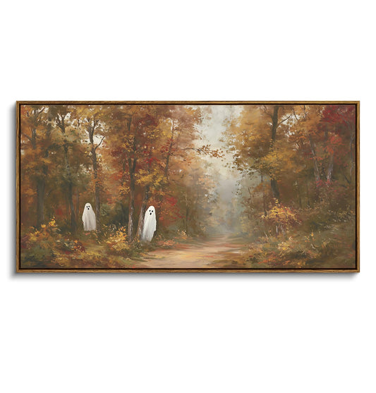 ARPEOTCY Vintage Fall Wall Art Decor, Halloween Ghost Forest Picture, Autumn Rustic Decor for Living Room Fireplace Bedroom, Large Framed Cavas Art, 40x20in