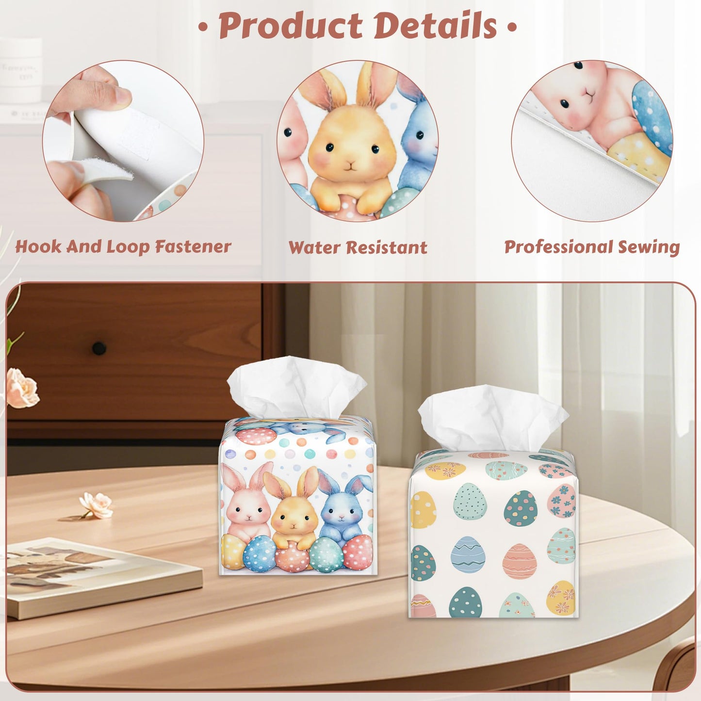 Easter Egg Bunny Tissue Box Holder, Leather Tissue Box Cover Square, Paper Facial Decorative Tissues Cover for Bathroom Home Car Nightstand Vanity Desk, 2 Pcs