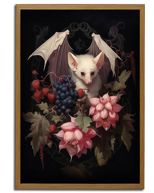 Albino Bat Gothic Canvas Wall Art Print Dark Cottagecore Vintage Floral Painting with Grapes & Flowers, Whimsigoth Botanical Bat Poster for Living Room, Office, or Study Farmhouse Decor(16" x 24"-UNFRAMED)