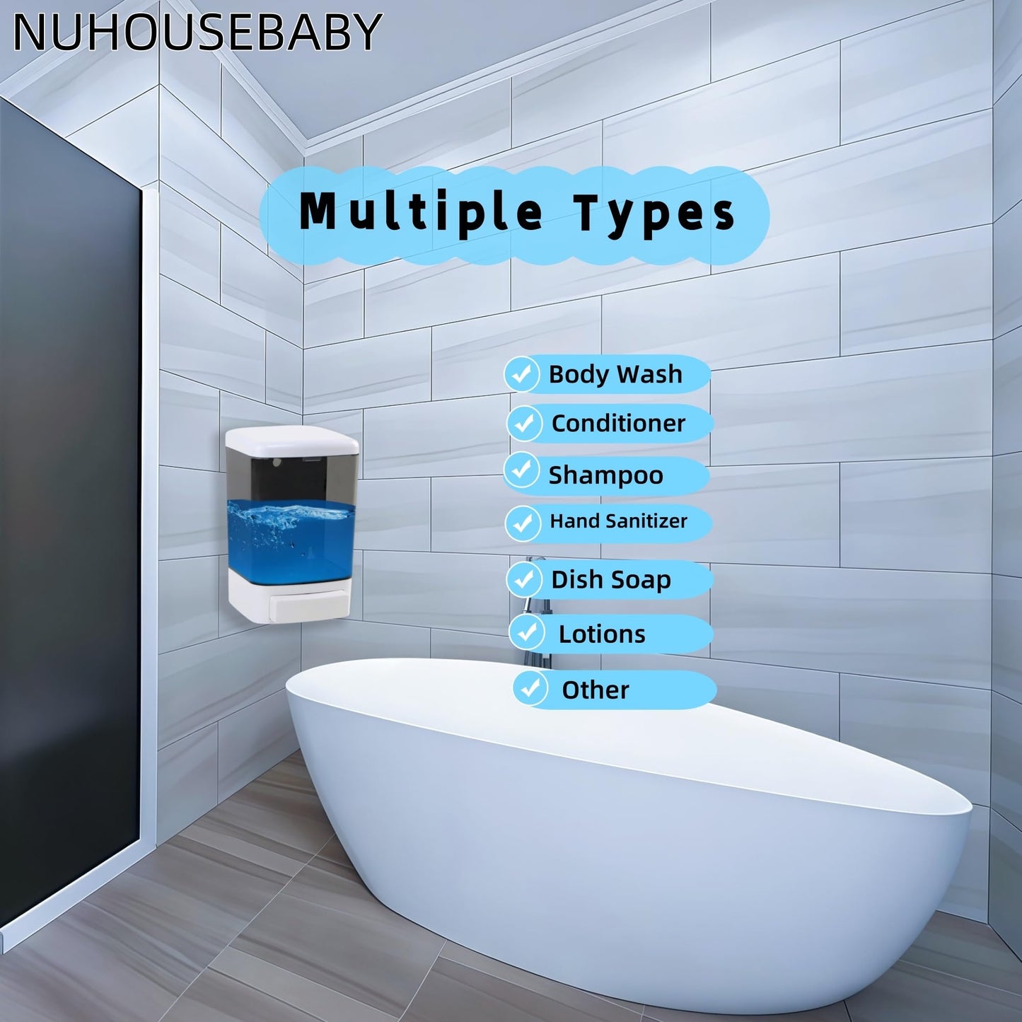 NUHOUSEBABY Manual Soap Dispenser Kitchen Bathroom Wall Mounted Hand Dispensers Commercial for Liquid Containers Shampoo Gel Chamber Plastic - (33.8 oz) 1000ml