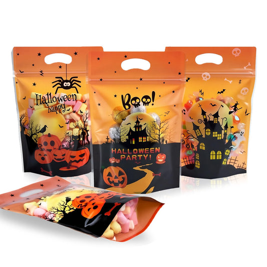 Halloween Ziplock Treat Bags 50 Pcs Goodie Plastic Bags with Zipper & Handles，Resealable Candy Bag for Trick or Treat, Party Favors, Classroom Halloween Supplies