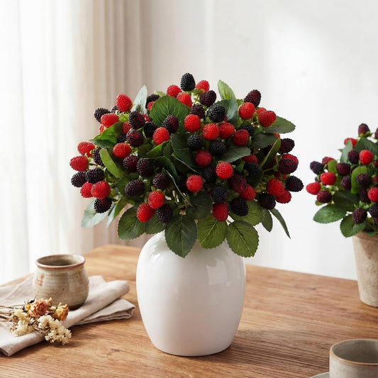 Hoteam 5 Pcs Artificial Raspberries Stems 11'' Fake Redberry Branches Faux Fruit Black Berry Picks for Home Kitchen Decor Floral Arrangements and Holiday Table Centerpieces (Red with Black)
