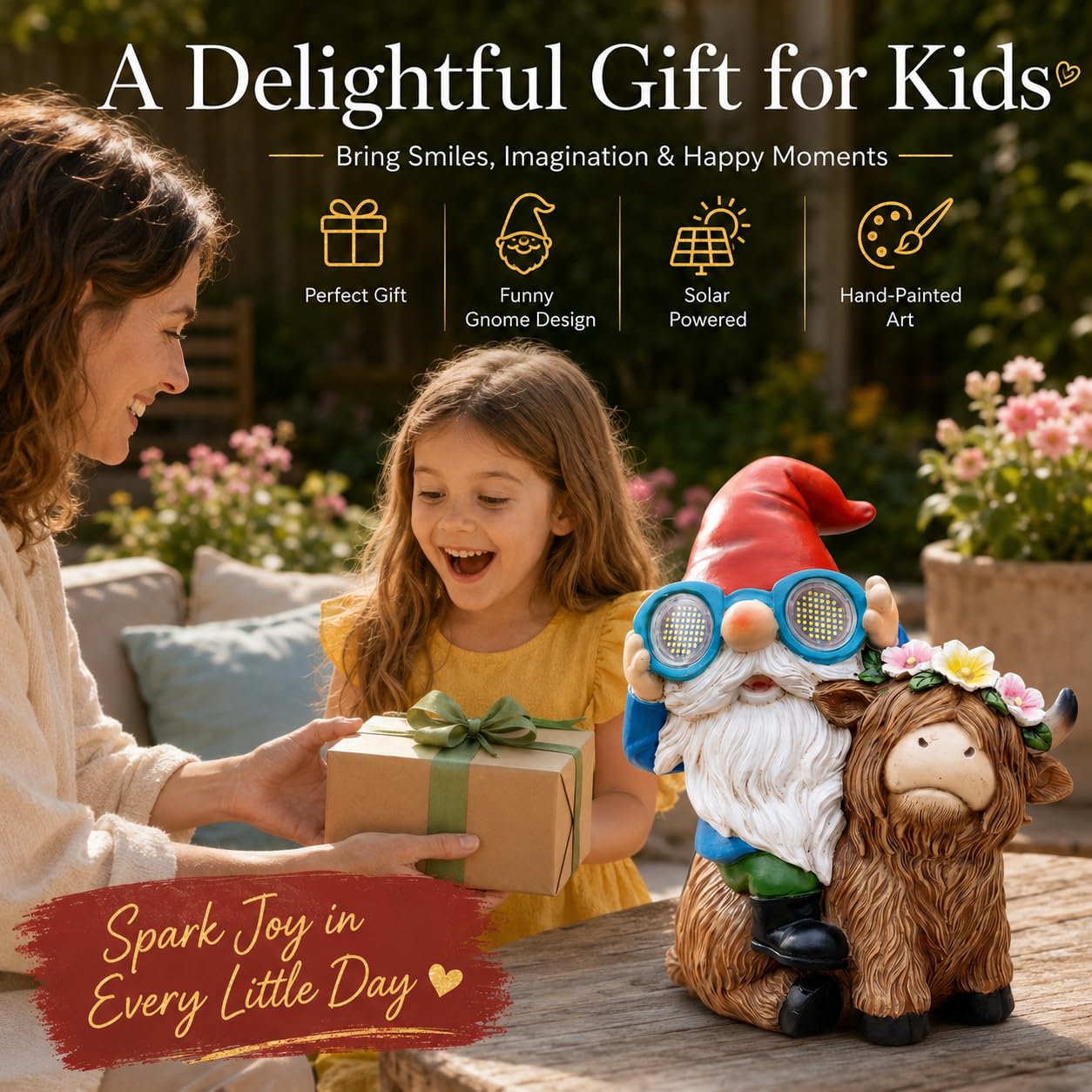 C&Y&G&X Solar Garden Gnome Statue with Highland Cow, Outdoor Solar Garden Decor with LED Lights, Waterproof Resin Yard Art Lawn Ornament for Patio Yard Porch, Gifts for Women Garden Lovers