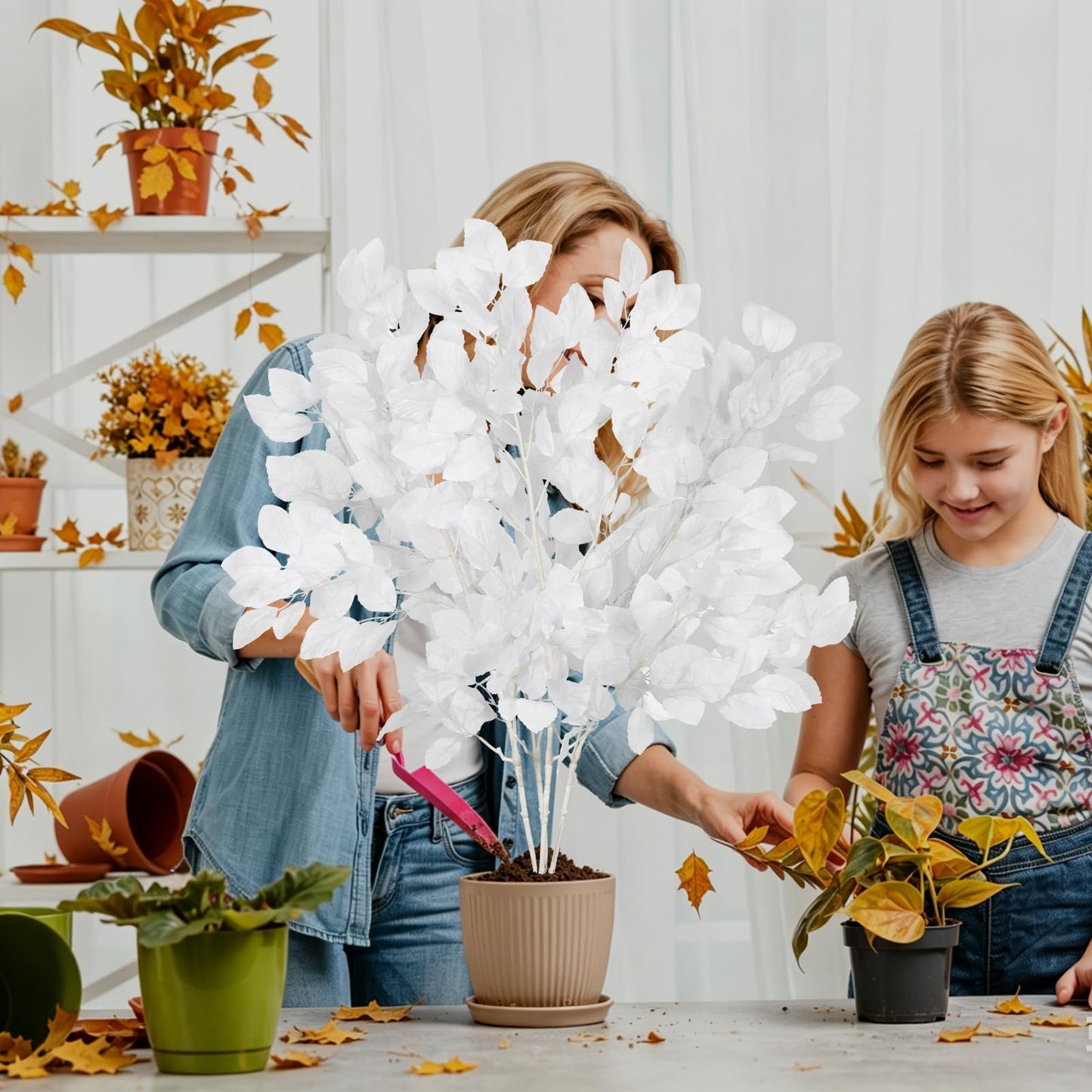 RECUTMS Artificial Fall Beech Leaf Stems 4Pcs 39Inch Fake Foliage Branches for Tall Vase Faux Autumn Leaves Long Greenery Stem for Thanksgiving Halloween Harvest Home Wedding Party Decor(White)