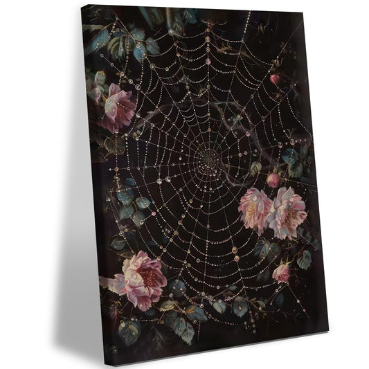 Framed Dark Academic Spider Web Canvas Wall Art, Gothic Moody Wall Decor Dark Forest Centerpiece Botanical Posters Prints Halloween Floral Paintings Pictures Vintage Rustic Home Decor 12x16 Inch