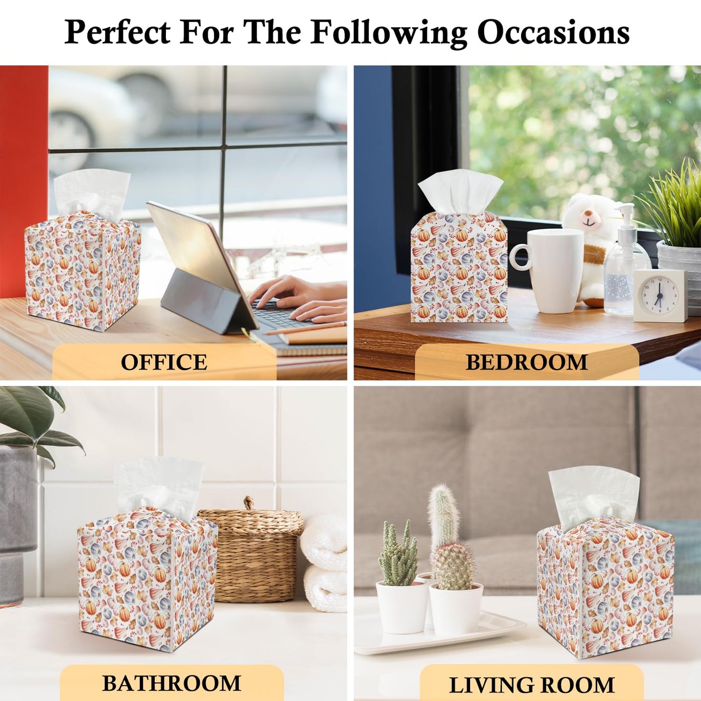Autumn Pumpkin Leather Tissue Holder with Bottom Belt Ideal for Thanksgiving Fall Housewarming Gift Tissue Box Cover Bathroom Car Nightstand Kitchen Decor Waterproof Napkin Organizer Dispenser - FS727