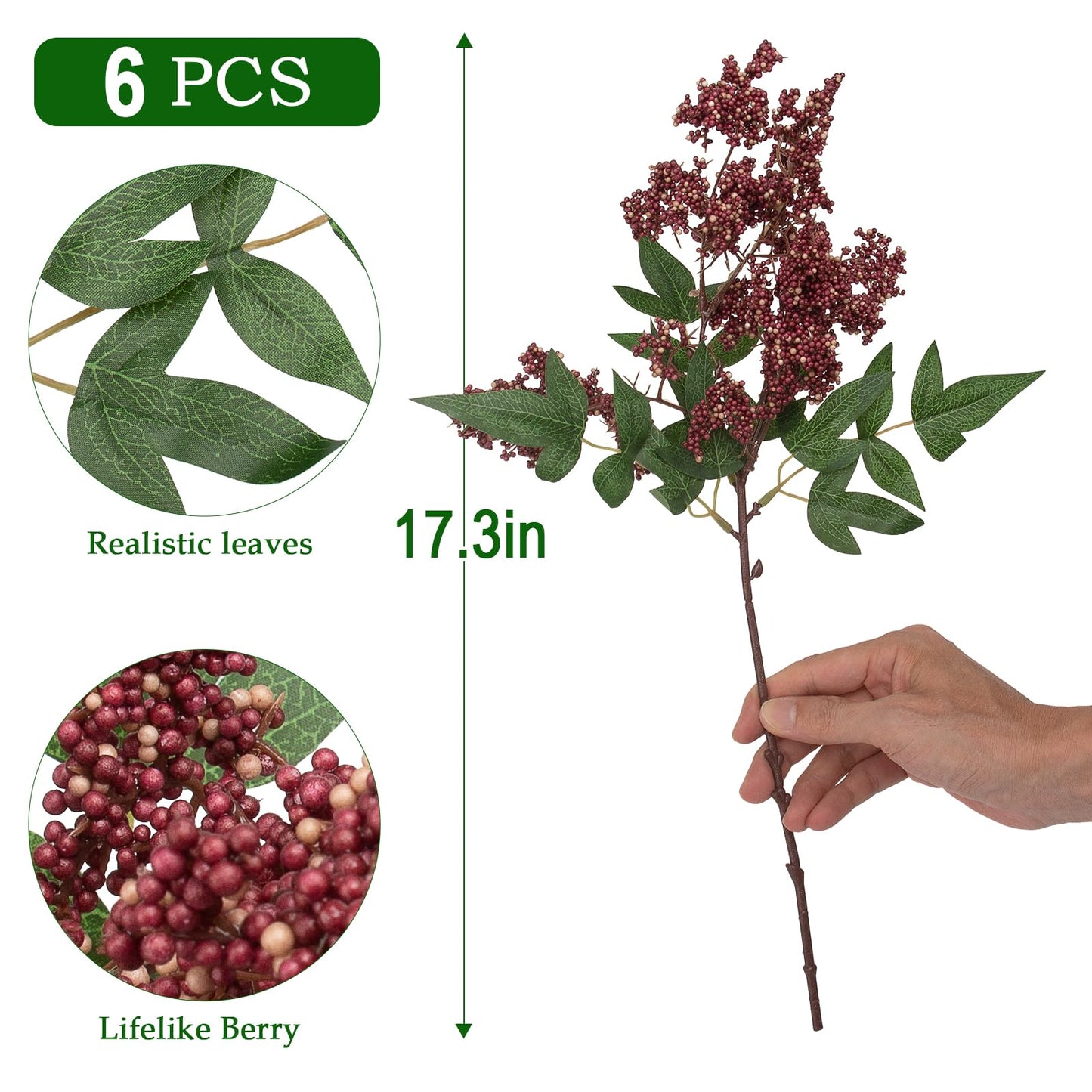 Daynight 17In Artificial Berry Stem for Vase, 6 Pcs Faux Nandina Branches Fall Floral Picks Fake Realistic Berry Spray for Wedding Autumn Thanksgiving DIY Farmhouse Home Decor(6, Purple, 17Inch)