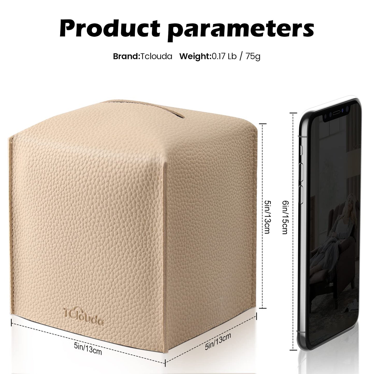 Tissue Box Cover, Tclouda, Modern PU Leather Square Tissue Box Holder for Creative Decorative, 2 Pack, Ideal for Bathrooms/Office/Car/Nightstand/Outdoor Tent/Dining Table, 5"X5"X5", Double Beige