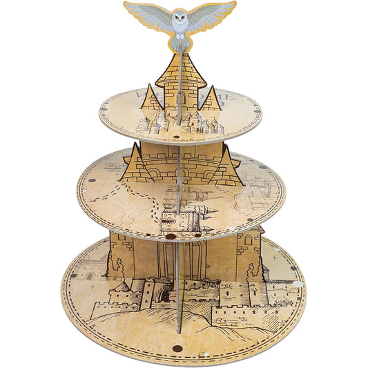 3 Tier Halloween Wizard Cupcake Stand, Vintage Castle Party Cake Holder, Rustic Decor for Camping/Baby Shower/Birthday Decoration, Birds Hunting Forest Safari Party Supplies