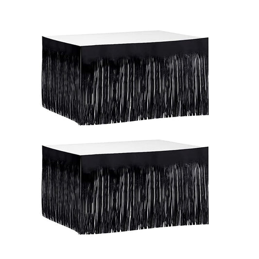 2 Pack 29.5x168 Inch Metallic Foil Fringe Tinsel Table Skirts Disposable Table Skirt for Parade Floats, Mardi Gras Party, Wedding, Birthday Party(Black)