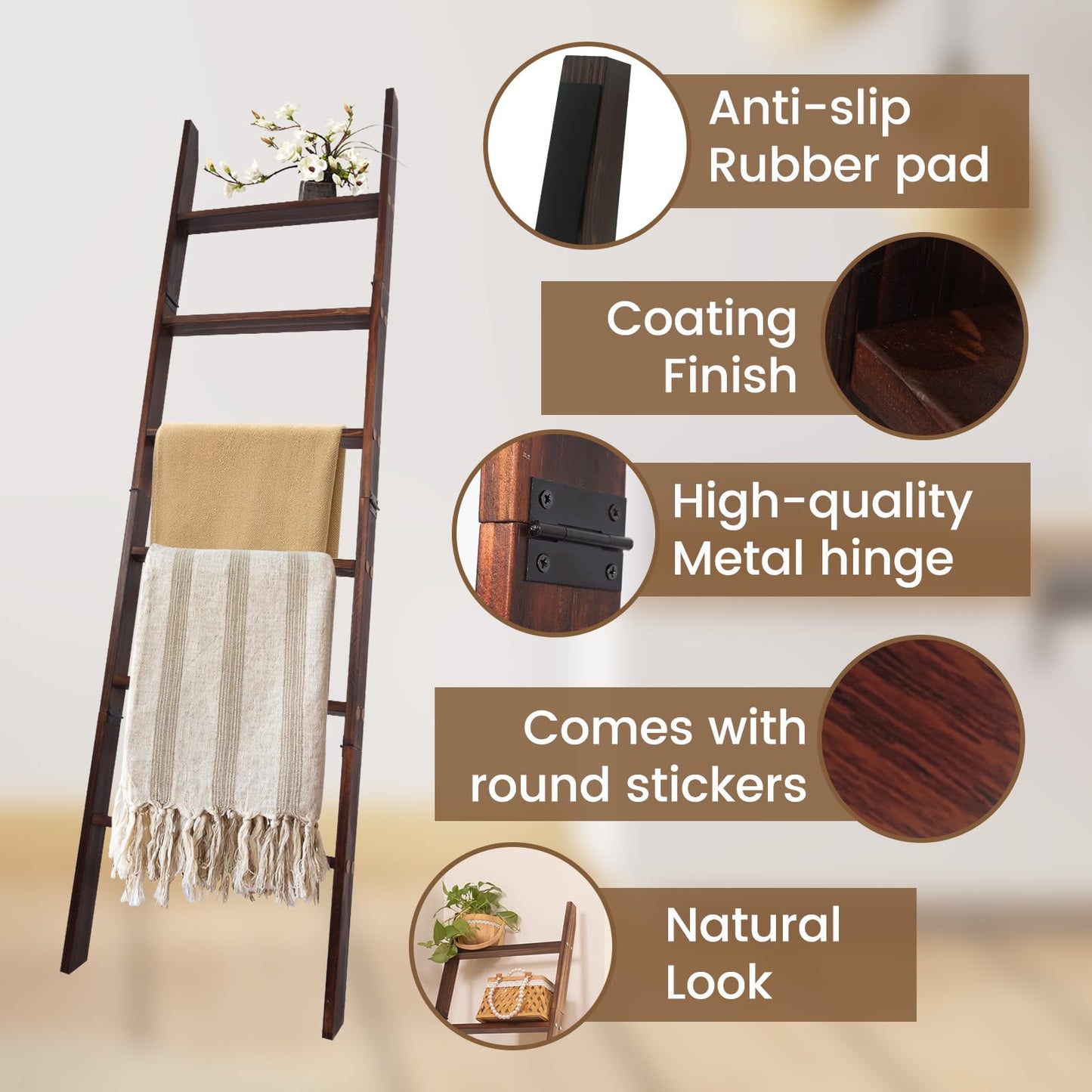 HYBDAMAI Blanket Ladder, 6-Tier Wooden Quilt Stand, Decorative Ladder Shelf, Leaning Shelf, Wall Leaning Blanket Ladder Towel Storage Rack for Living Room (Brown)