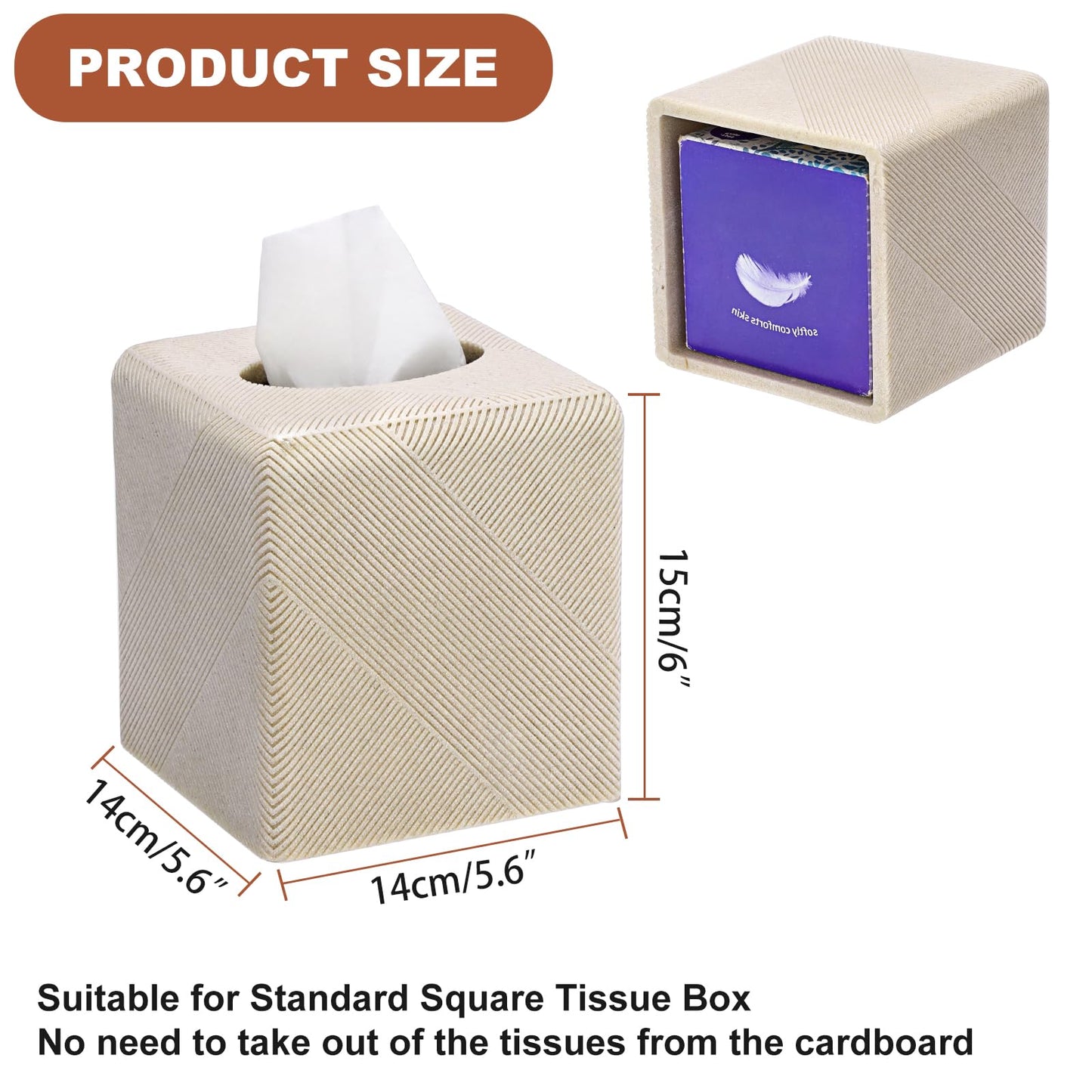 Twill Texture Tissue Box Cover Square, Resin Facial Tissue Holder Covers Square Cube Tissue Box Holder with Open Bottom for Bathroom Vanity Tops, Bedroom Dressers, Kitchen Countertop, Travertine Beige