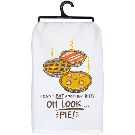 Primitives by Kathy Kitchen Towel - Oh Look Pie, from Our Fall & Harvest Collection displaying a Colorful Hand Illustrated Design of Fall Holiday pies with a Fun Thanksgiving Sentiment