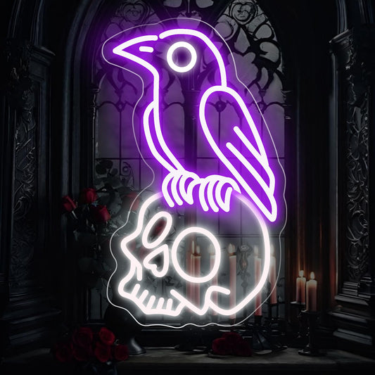 Raven on Skull Neon Sign, Purple Crow Cold White Skeleton LED Wall Light for Gothic Room, Halloween Decor, Man Cave, Dark Aesthetic Gift, Witchy Space 16.7" x 10.1"