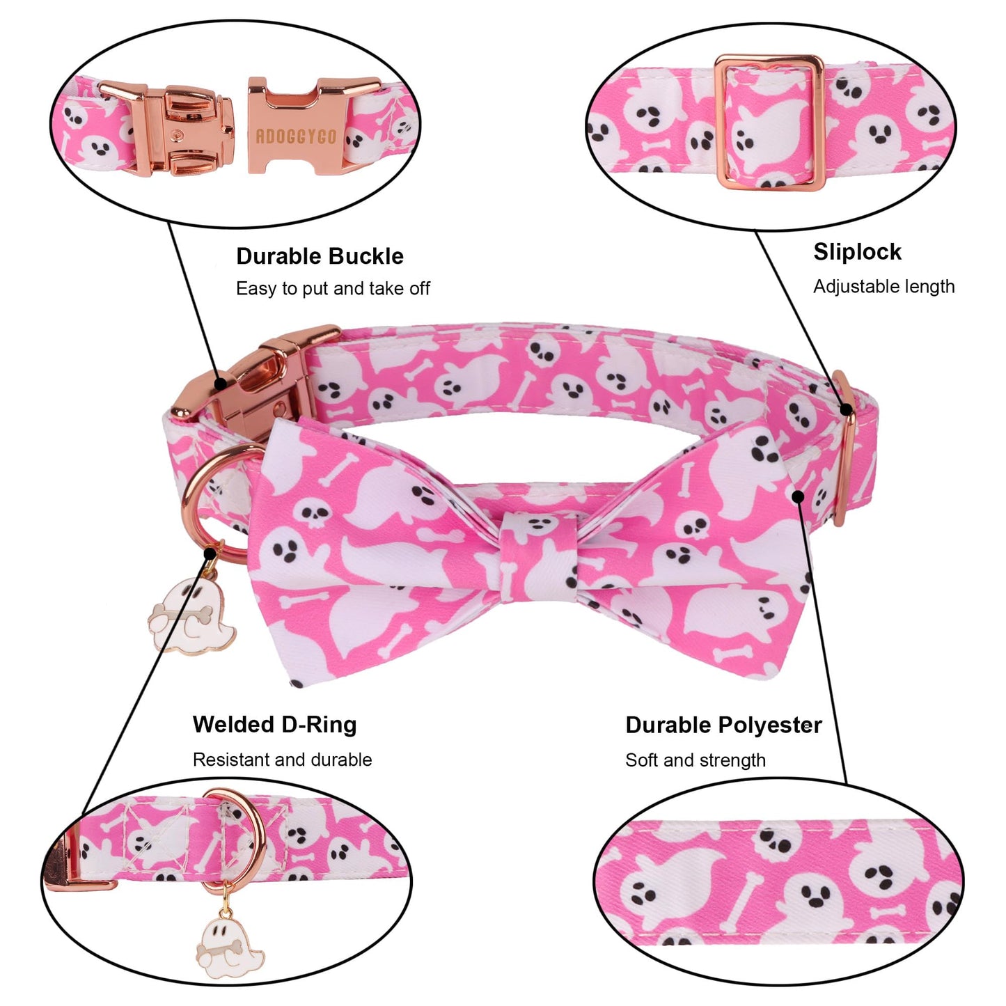 ADOGGYGO Pink Halloween Dog Collar with Bow Tie, Detachable Ghost Pet Bowtie, Metal Buckle, Adjustable Pink Halloween Collars for Small Dogs Girl (Small)