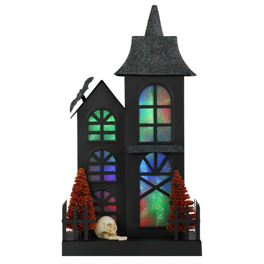 Halloween Haunted House Decorations Black Spooky Haunted Mansion Halloween Decorations with Color Changing Lights Handcrafted Skull Bat and Trees for Festival Party Table Decorations (Skull)