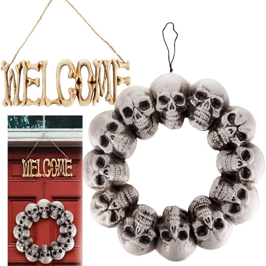 Halloween Welcome Sign and Skull Wreath 2 Pack- Decorate Your Home or Office Door, Haunted House, or Party w Fall Wall Hanging Skeleton Bone Decorations! Weatherproof Decor for Indoor or Outdoor Use
