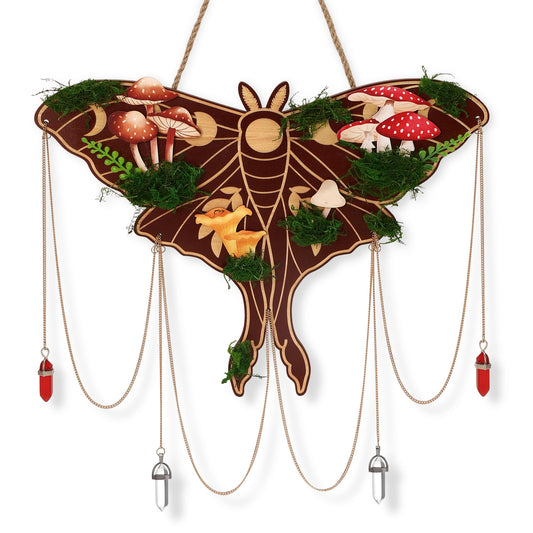Xylolfsty Luna Moth Wall Hanging - Bohemian Butterfly Decor, Rustic Mushroom Crystal Moss Wooden Sign, Death Moth Art Gothic Witchy Living Room Bedroom Window Decoration