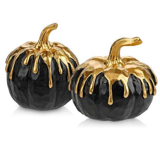 Hollyone Fall Pumpkin Decor 2 PCS Black and Gold Resin Pumpkin Fake Pumpkins for Decorating Figurines Artificial Pumpkins Centerpiece Rustic Farmhouse Halloween Table Fall Decorations for Home