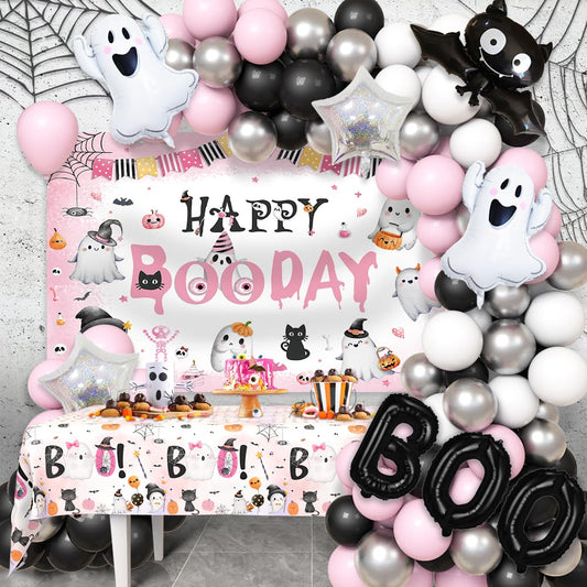AIBIIN 113pcs Pink Black Halloween Birthday Party Decorations Halloween Happy Boo Day Party Kit With Happy Booday Banner Little Boo Balloon Garland Kit Ghost Birthday Party Tablecloth