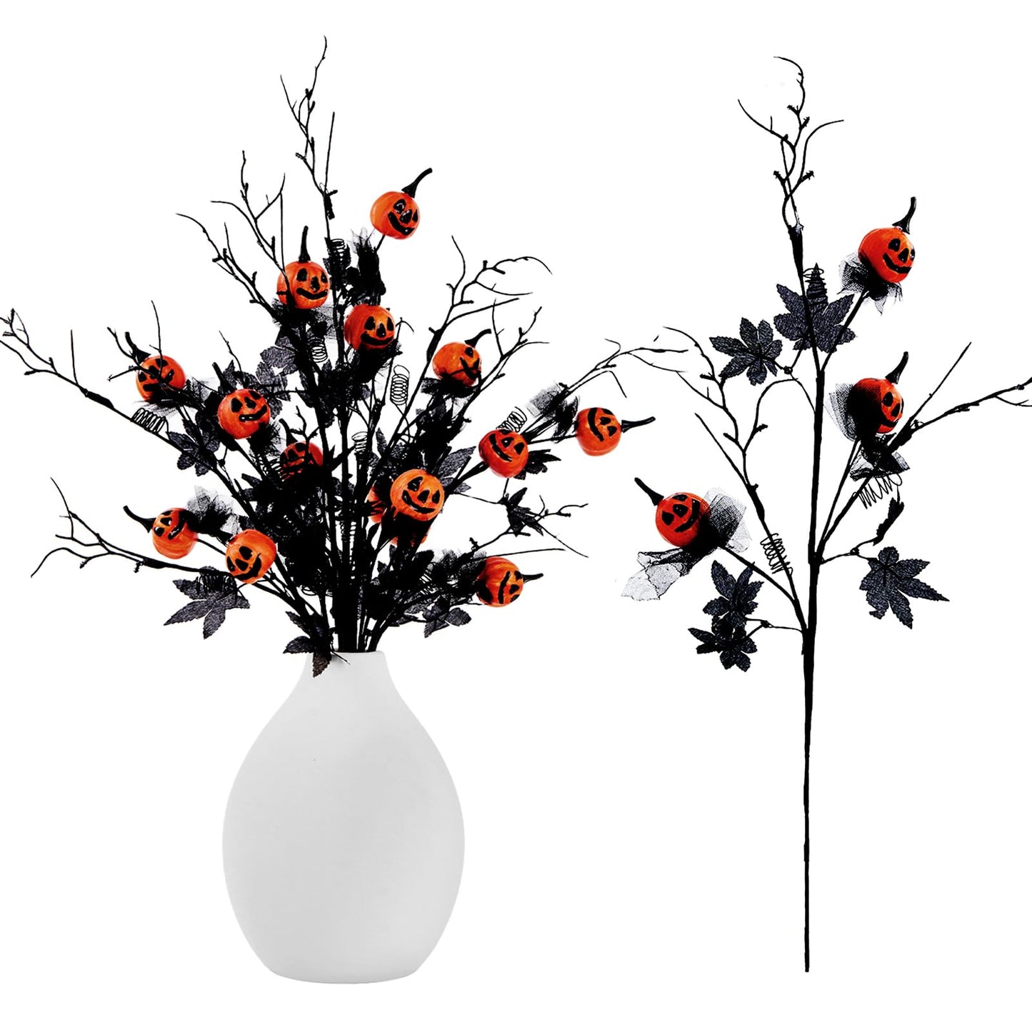 Sherika 5PCS Halloween Decorations Indoor, 19.5Inch Artificial Pumpkin Maple Leaf Floral Stems Halloween Branches Decoration, for Home Vase Arrangement Decor - Black.