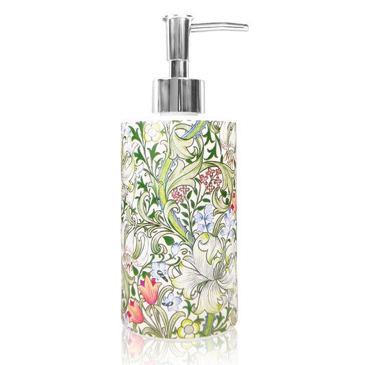 Mezeathos Greenery Floral Soap Dispenser Vintage William Morris Glass Dispenser with Silver Pump Refillable Botanical Liquid Soap Container for Farmhouse Home Kitchen Bathroom Countertop Decor