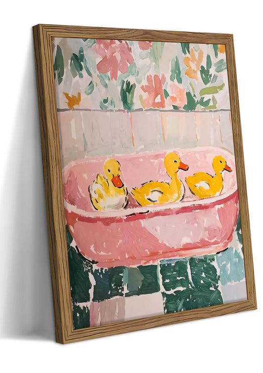 Framed Funny Bathroom Wall Art Decor, Yellow Duck in Pink Bathtub Canvas Wall Decor Painting, Cute Whimsical Animal Poster Print Picture for Girls Bathroom Nursery 12x16 Inch