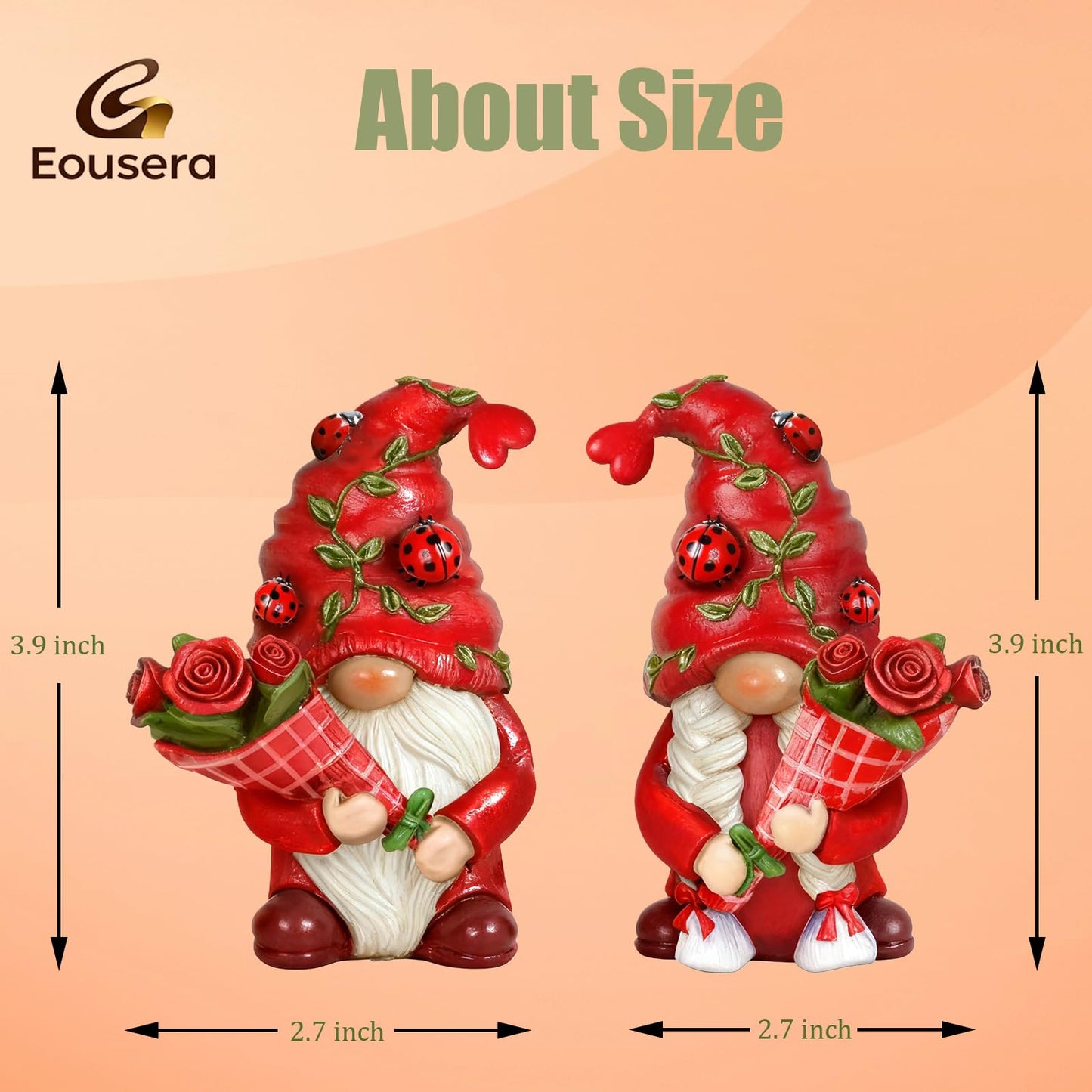 Eousera Red Roses Gnome Figurines - Indoor Home Office Spring Decor, Romantic Summer Gnomes Gifts for Women, Resin Ladybug Dwarf for Desk Shelf Decorations