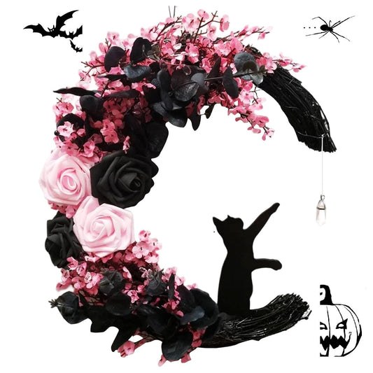 Pink Black Halloween Wreath with Lights, Crescent Moon Cat Pastel Goth Wreath with Rose, Spooky Witchy Gothic Front Door Decor for Indoor Bedroom Wall (Rose)