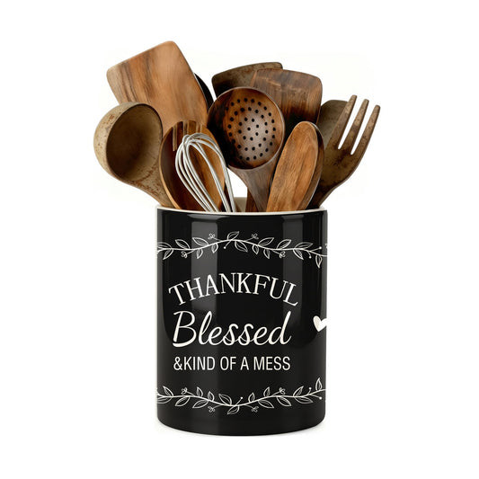 DPOTHK Black Utensil Holder, Ceramic Kitchen Utensil Holder, Utensil Crock for Home Kitchen Countertop Storage Organizer Container, Large Holder for Spatulas, Spoons, Kitchen Counter Decor, 6"