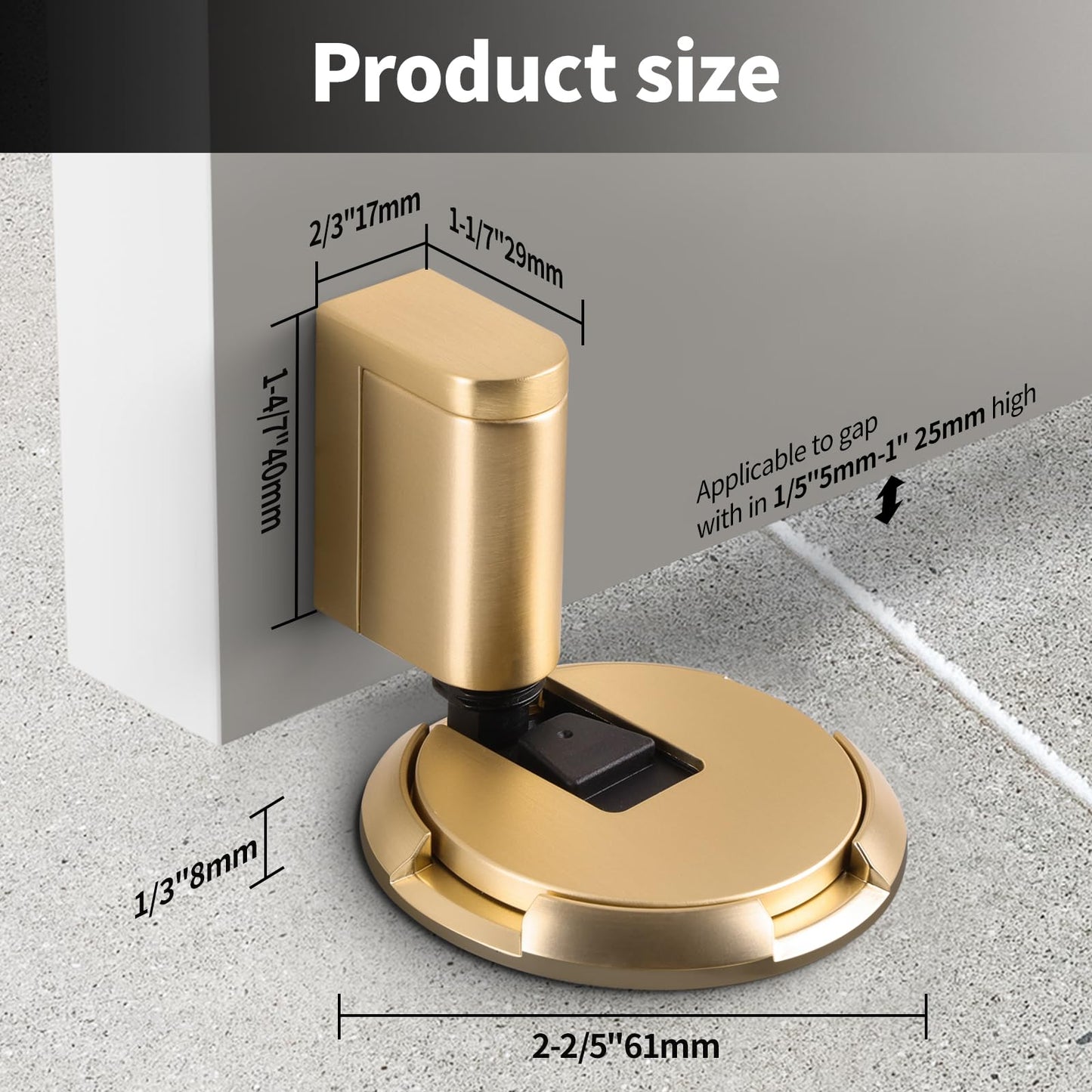2 Pack Adjustable Bottom Door Stopper Windproof Door Holder No Drilling Mechanical Floor Door Stop with Screw and Adhesive Brushed Gold BG-2