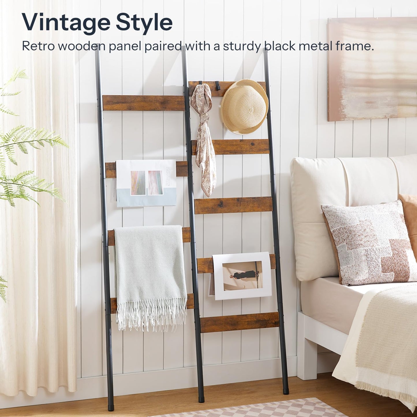 HOOBRO Blanket Ladder, 33.9" L Wall-Leaning Towel Rack, Double Row Blanket Rack for Large Capacity, Metal Frame, Anti-Tip Design, Blanket Holder for Living Room, Bathroom, Rustic Brown BF17CJ01