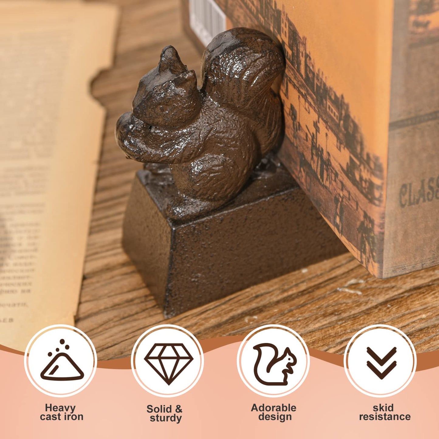 Sungmor Heavy Duty Cast Iron Squirrel Door Stops | Decorative Cute Animal Statue Metal Door Stopper Wedge with Non-Slip Mat | Solid & Antique Style Windproof Door Holder for Patio Garden Farmhouse