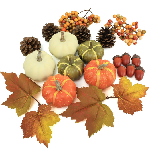 CHEAWRTZ 20 Pcs Realistic Fall Mini Pumpkin Decorations, Pumpkin Decor with Maple Leaves, Pine Cones, Acorns,Thanksgiving Decorations Indoor for Home Farmhouse Harvest Thanksgiving Table Decor