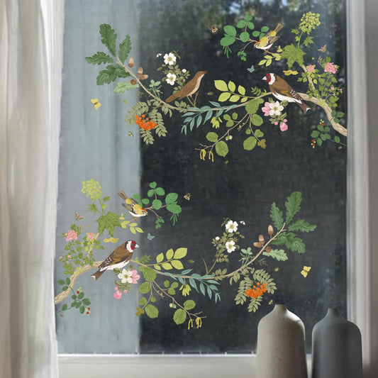 Liwo Stained Double Sided Window Decals Vibrant Color Garden Birds Floral Glass Door Mirror Static Cling Decor for Renter Home Store Office Classroom-1 roll 2sheets