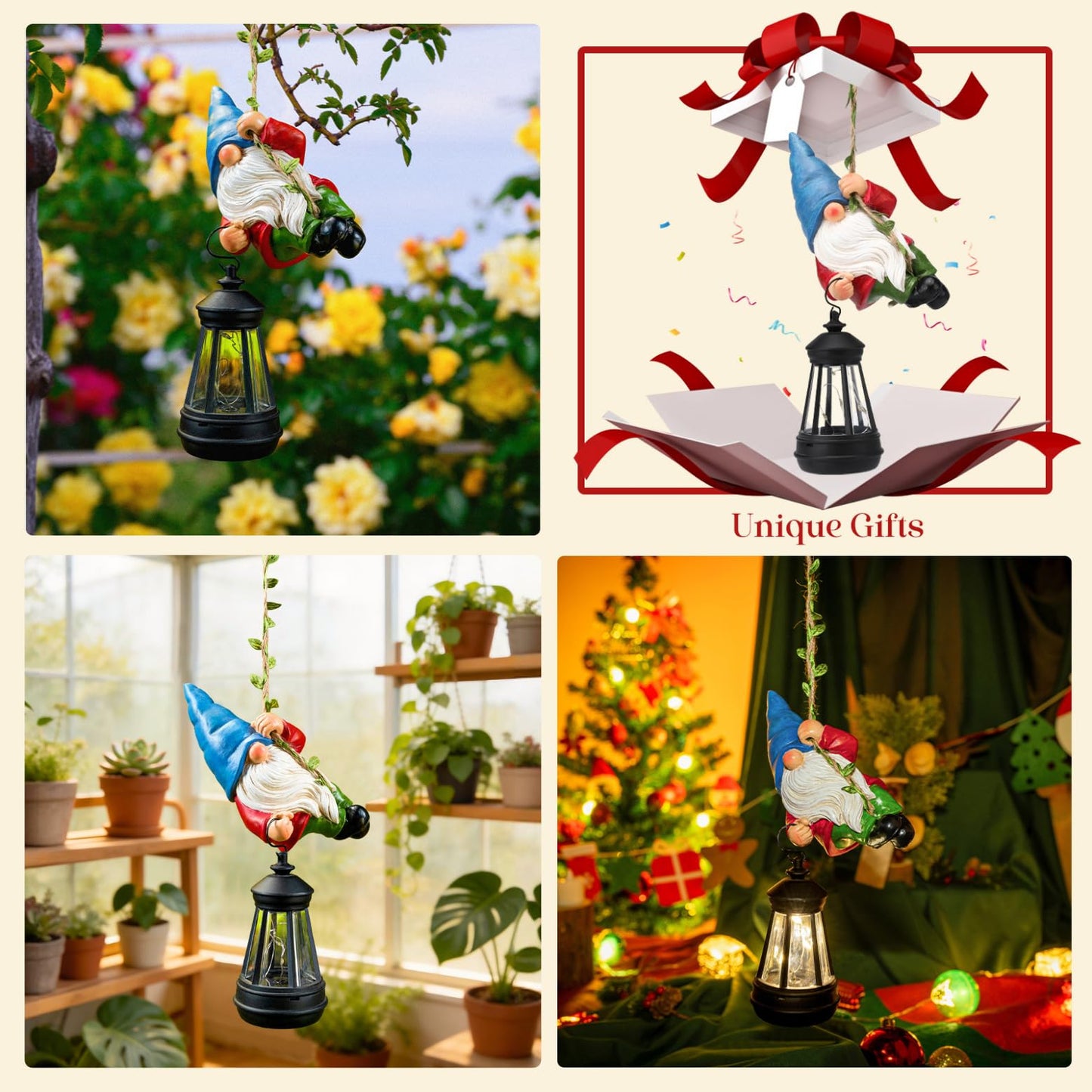 WONDHOME Solar Hanging Gnome Garden Statues Climbing Rope Gnome with LED Lantern Summer Outdoor Decor Tree Hugger Yard Porch Wall Fence Decoration Mother's Day Birthday Gifts for Mom Women