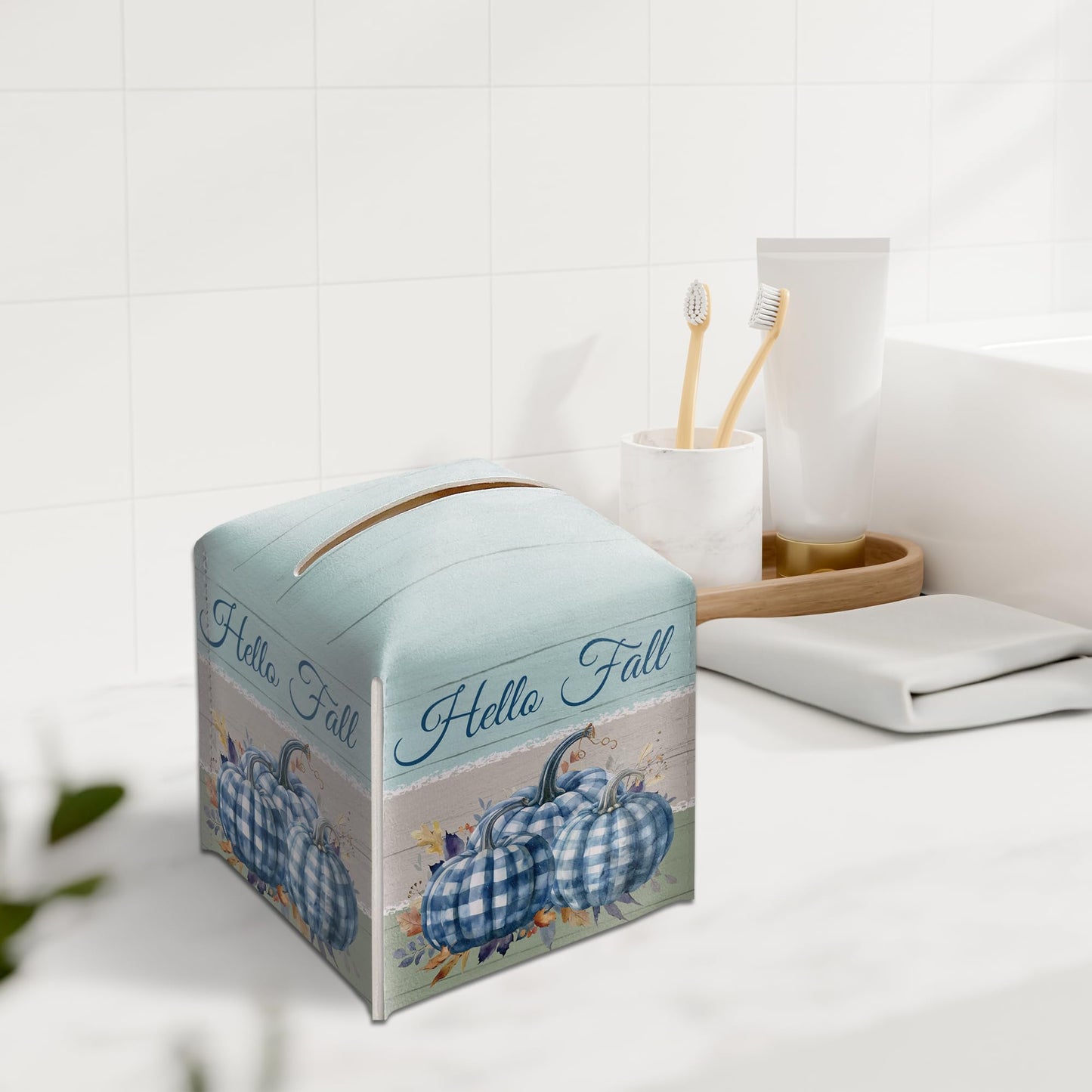 Fall Tissue Box Holder, Blue and White Pumpkins Leather Tissue Box Cover Square, Fall Facial Paper Organizer Dispenser Toilet Paper Holder for Bathroom Kitchen Office Home Decor-A16